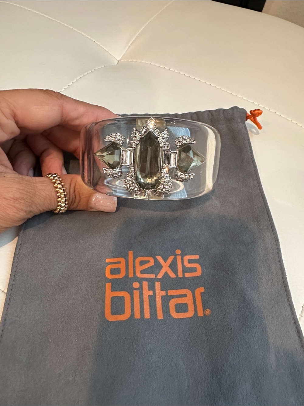 Alexis Bittar Clear Lucite Cuff with Smoke-Green Crystal Center